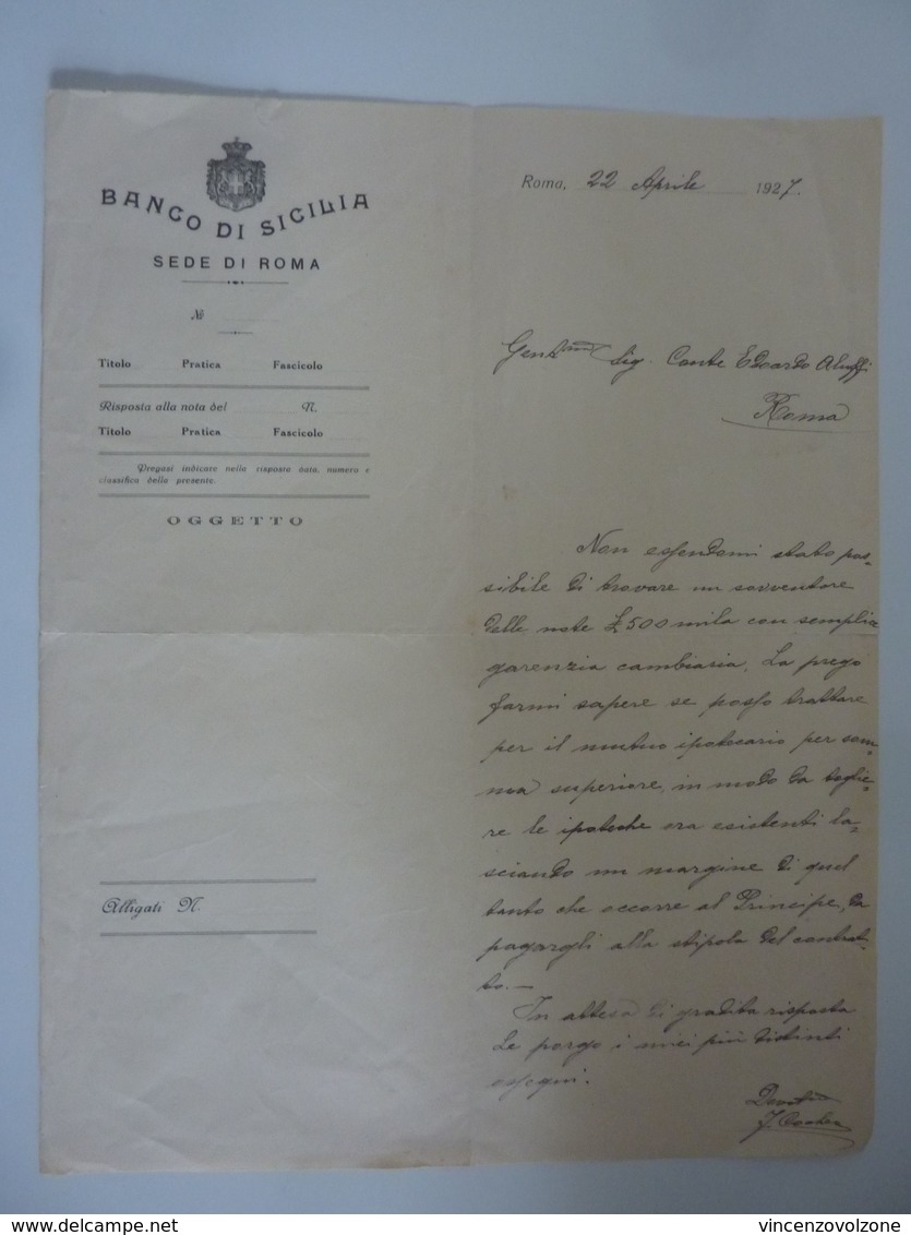 Lettera "BANCO DI SICILIA Sede Di Roma" Roma 27 Aprile 1927 - Italia