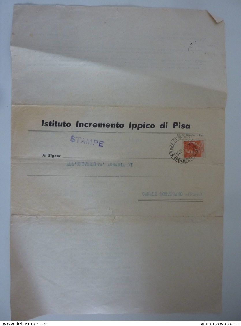 Documento Spedito Per Posta "ISTITUTO INCREMENTO IPPICO DI PISA" 21 Novembre 1957 - Documenti Storici