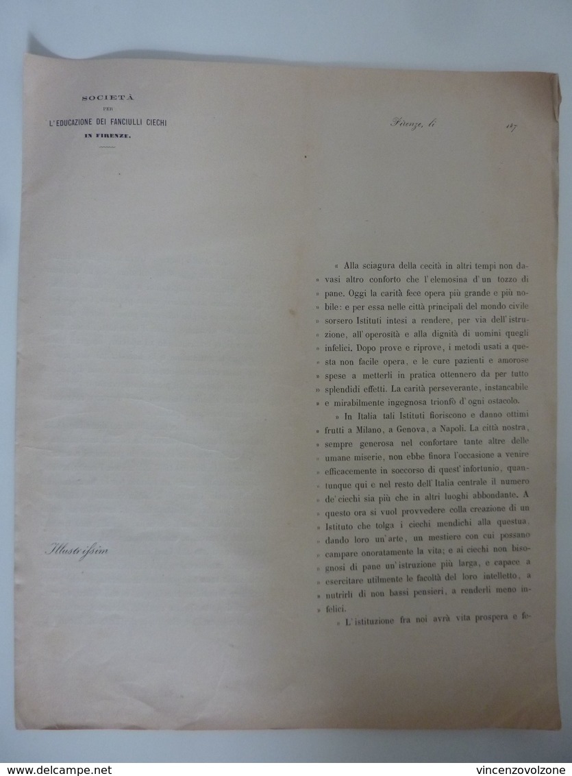 Documento"SOCIETA PER L'EDUCAZIONE DEI FANCIULLI CIECHI IN FIRENZE" 1870 - Documenti Storici