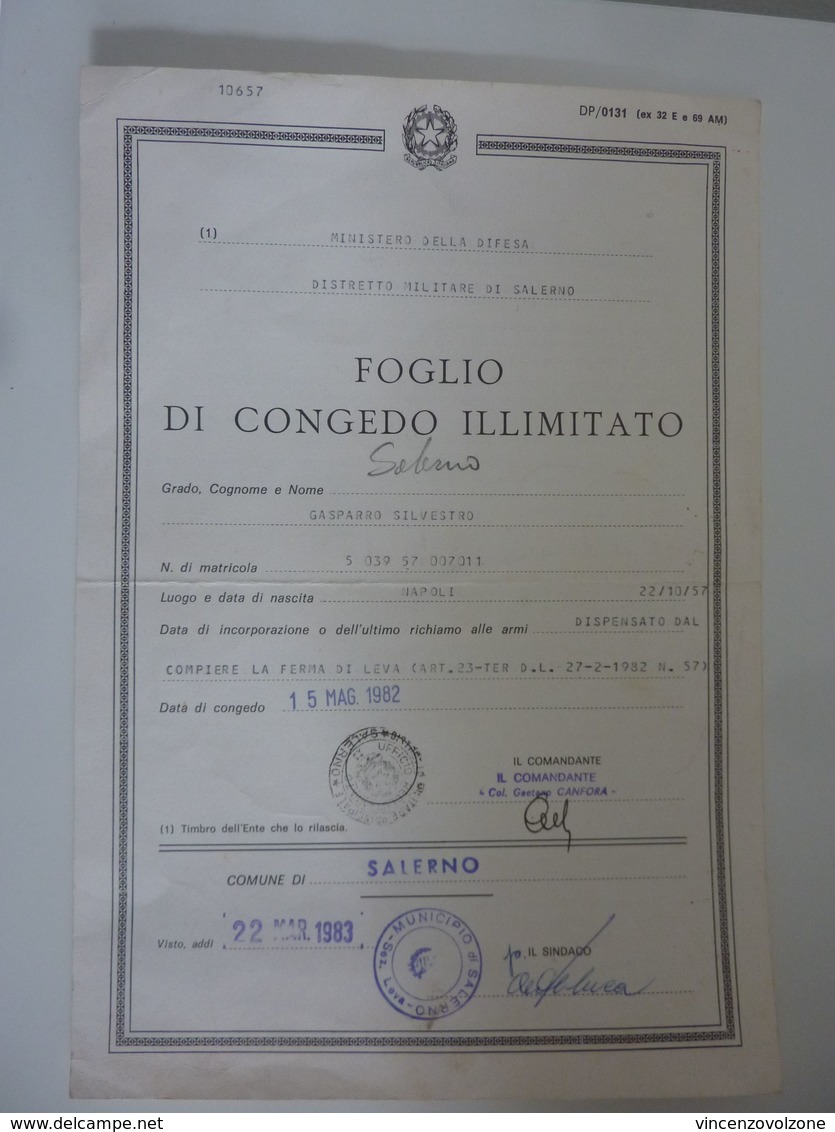 Documento "FOGLIO DI CONGEDO ILLIMITATO Ministero Della Difesa - Distretto Di Salerno" 1982 - Documenti Storici