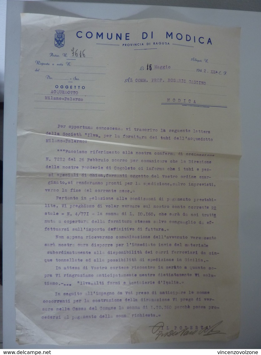 Documento "Comune Di MODICA Oggetto: ACQUEDOTTO MILANO PALERMO Fornitura ILVA" 15 Maggio 1942 - Documenti Storici