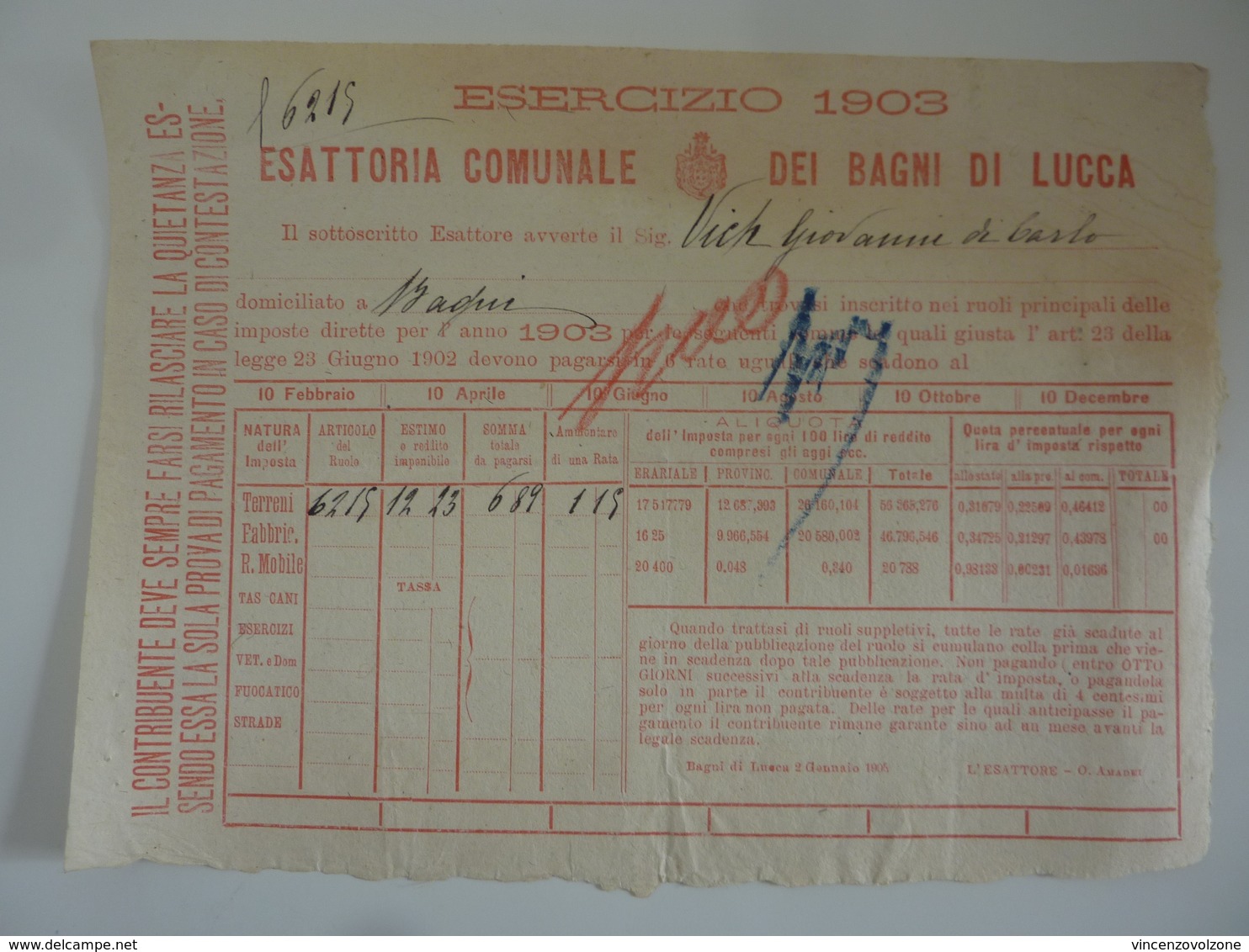 Documento "ESATTORIA DEI BAGNI DI LUCCA ESERCIZIO 1903" - Italie