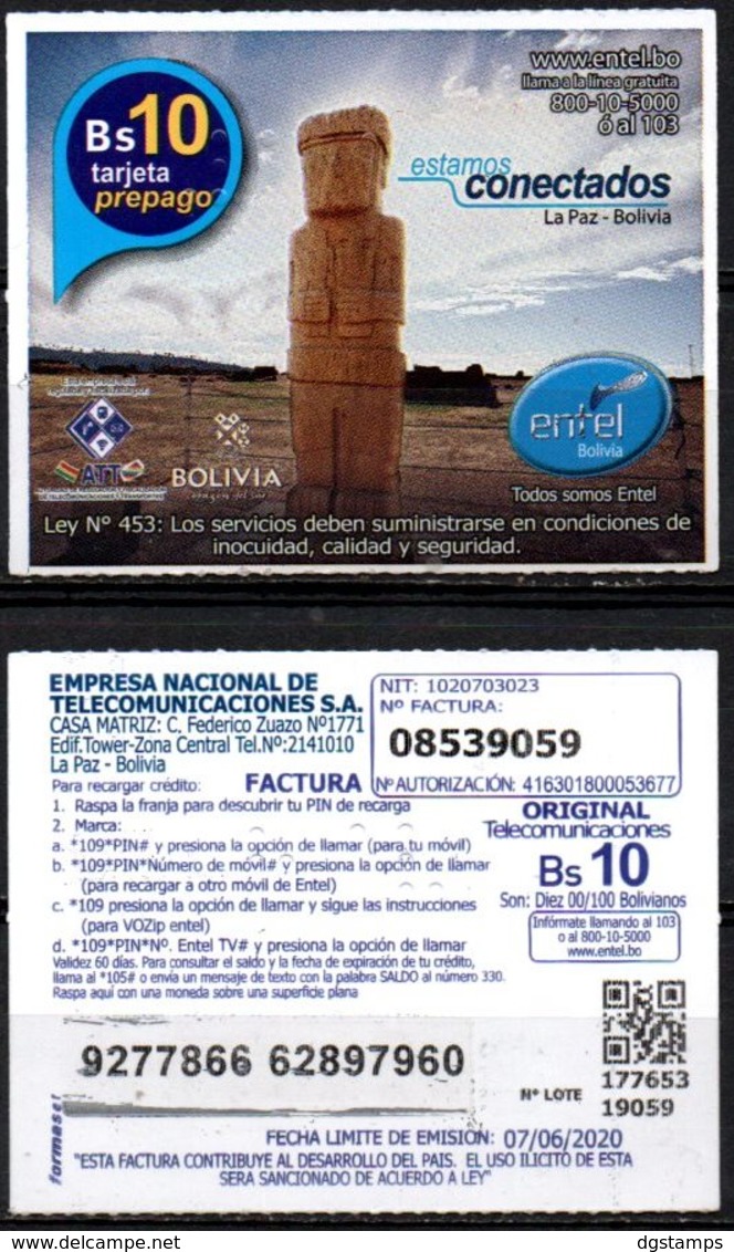 Bolivia 2018 - 07-06-2020 Primera Edición. Prepago ENTEL MOVIL. Monolito. Arqueología. - Bolivia