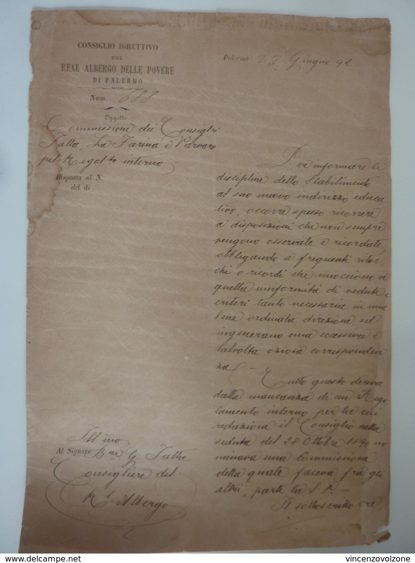 Documento "CONSIGLIO DIRETTIVO DEL REAL ALBERGO DELLE POVERE DI PALERMO Oggetto: COMMISSIONE INTERNA" Palermo 1892 - Historische Dokumente