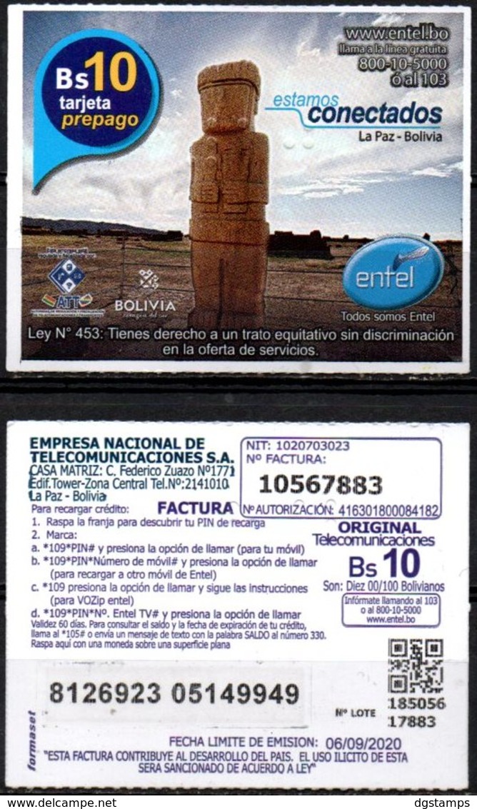 Bolivia 2018 - 06-09-2020 Segunda Edición. Prepago ENTEL MOVIL. Monolito. Arqueología. - Bolivien