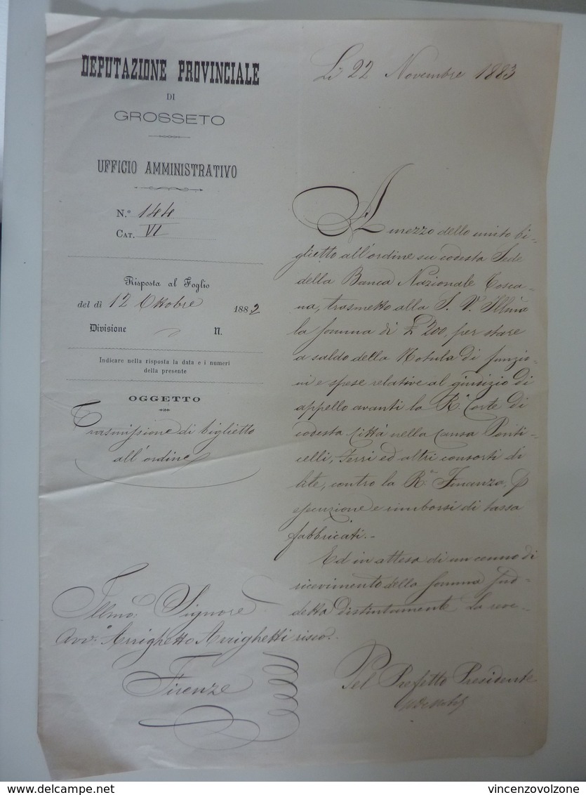 Documento "DEPUTAZIONE PROVINCIALE DI GROSSETO UFFICIO AMMINISTRATIVO" 22 Novembre 1883 - Documenti Storici