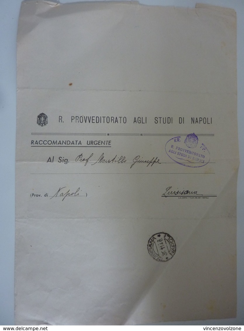 Documento Viaggiato "R. PROVVEDITORATO DEGLI STUDI DI NAPOLI Oggetto. SUPPLENTE R. LICEO GINNASIO CASTELLAMMARE" 1940 - Documenti Storici