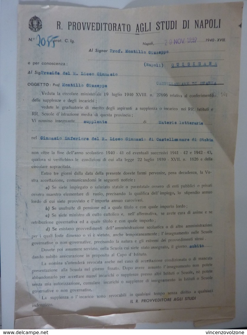 Documento Viaggiato "R. PROVVEDITORATO DEGLI STUDI DI NAPOLI Oggetto. SUPPLENTE R. LICEO GINNASIO CASTELLAMMARE" 1940 - Documenti Storici