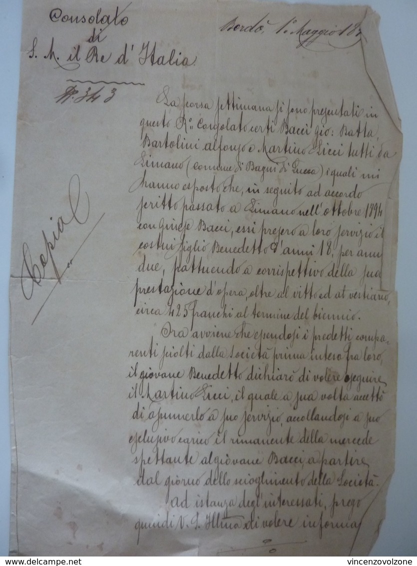 Documento "CONSOLATO DI S.M. IL RE D' ITALIA Bordeaux FAMIGLIA BACCI DI BAGNI DI LUCCA" Bordeaux 1 Maggio 1896 - Documenti Storici