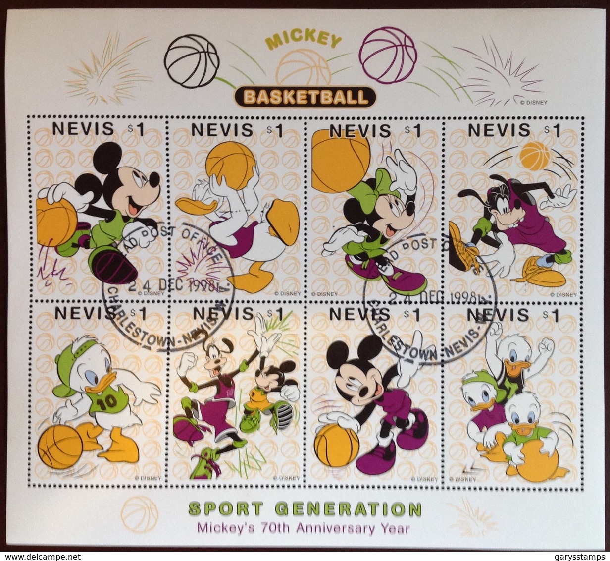 Nevis 1998 Mickey Mouse Disney Basketball Sheetlet VFU - St.Kitts And Nevis ( 1983-...)