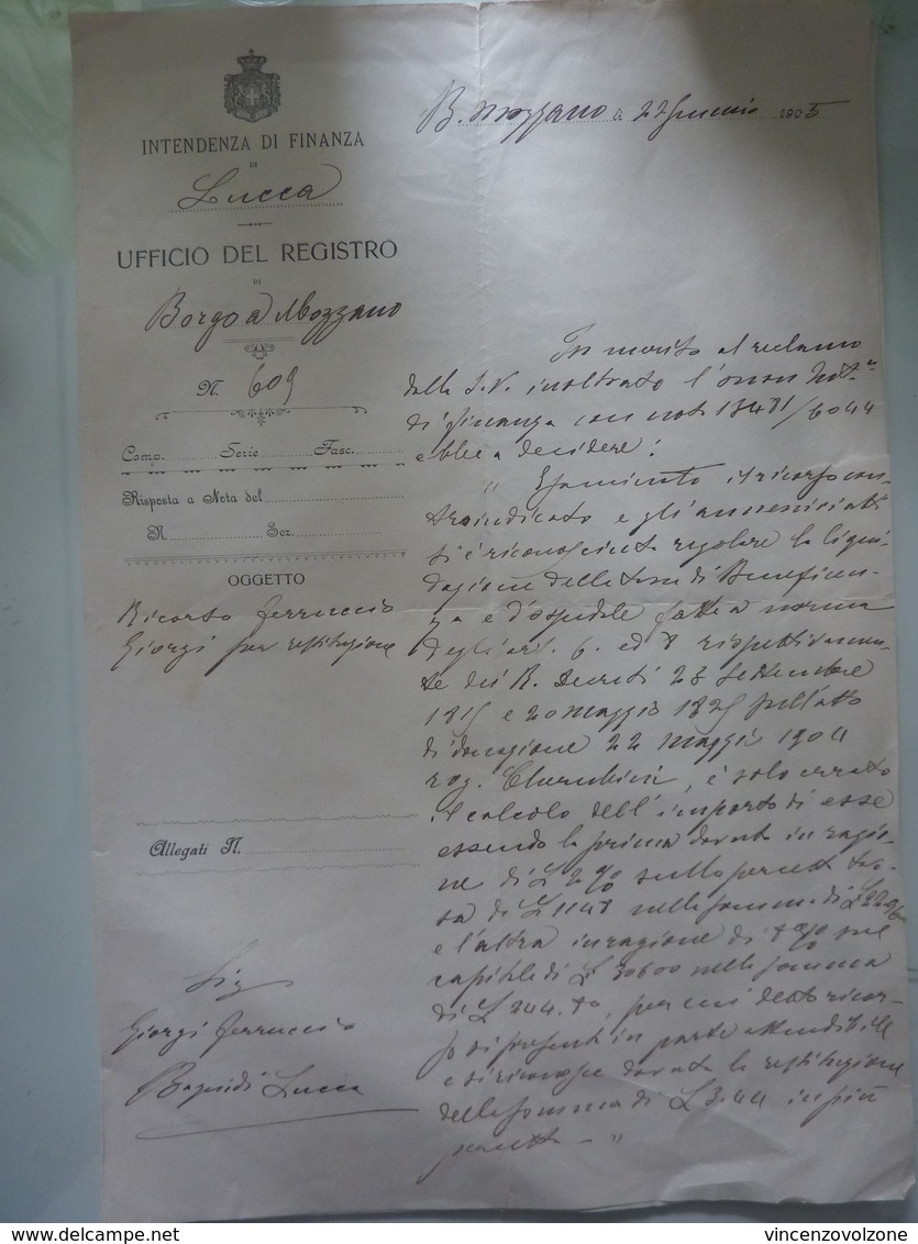 Documento "Intendenza Di Finanza Di Lucca UFFICIO DEL REGISTRO DI BORGO A MOZZANO 22 Gennaio 1903" - Italie