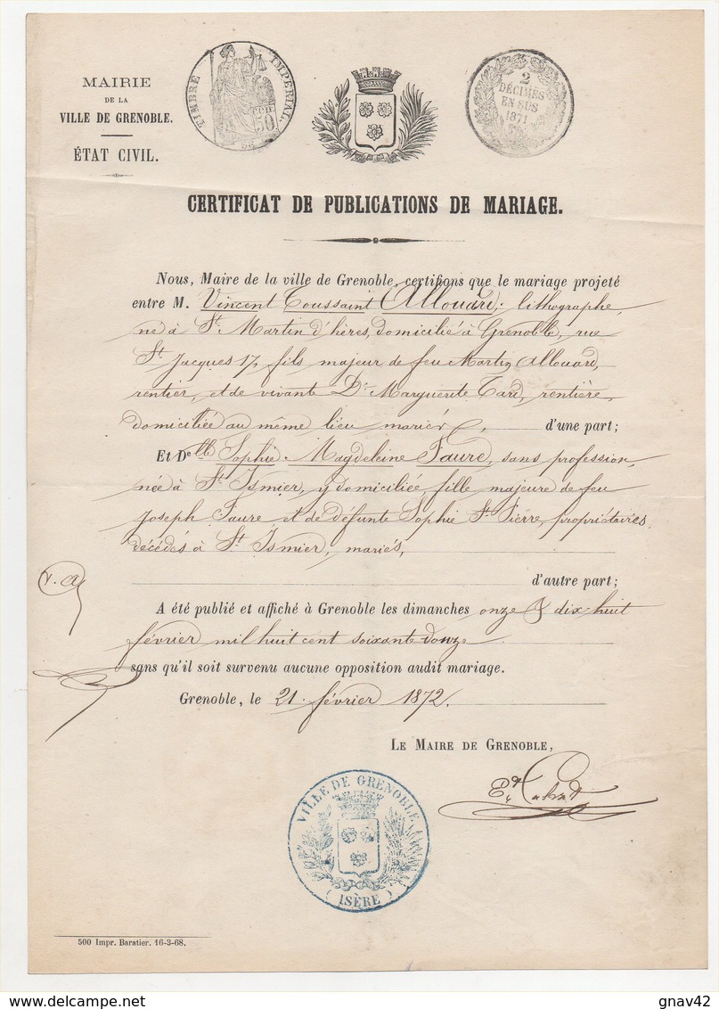 Certificat De Publications De Mariage Grenoble St Martin D'Hères St Ismier 1872 - Documents Historiques