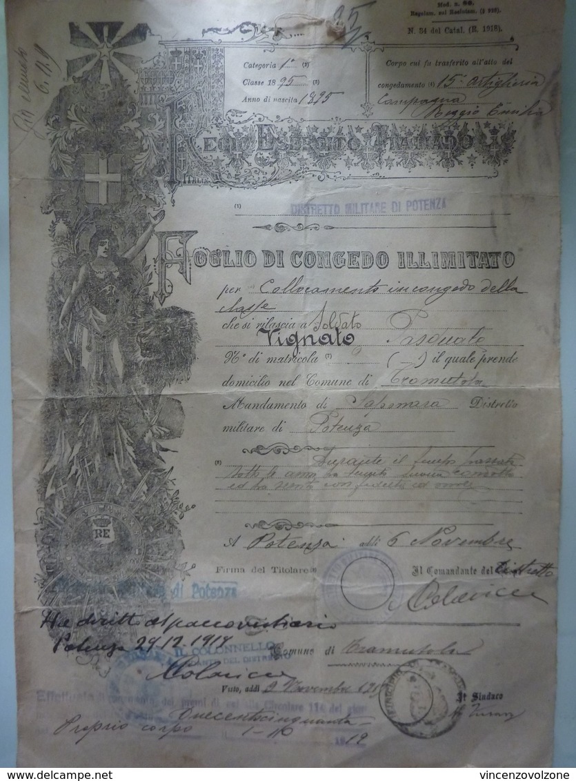 Documento "Distretto Militare Di POTENZA - FOGLIO DI CONGEDO ILLIMITATO" 9 Novembre 1917 - Documenti Storici