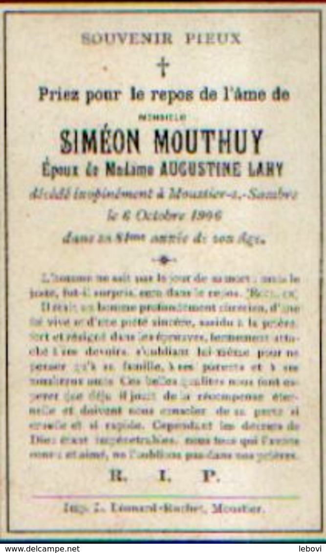 Souvenir Mortuaire MOUTHUY Siméon (1825-1906) Mort à MOUSTIER-SUR-SAMBRE - Images Religieuses