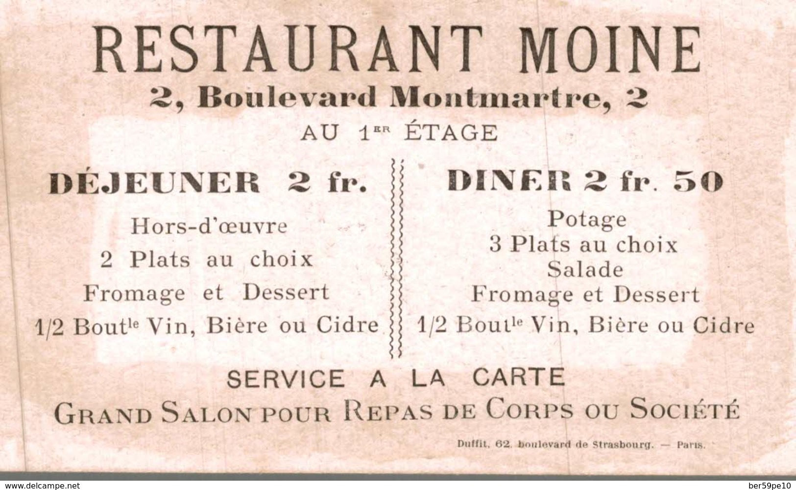 CHROMO  RESTAURANT MOINE 2 PLACE MONTMARTRE PARIS  PARIS PLACE DE LA CONCORDE - Autres & Non Classés