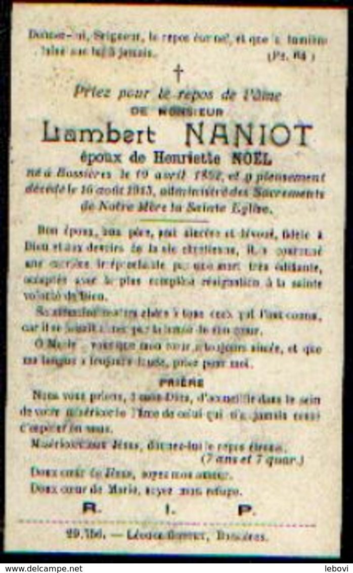 Souvenir Mortuaire NANIOT Lambert (1852-1913) Né Et Mort à BOSSIERES - Images Religieuses