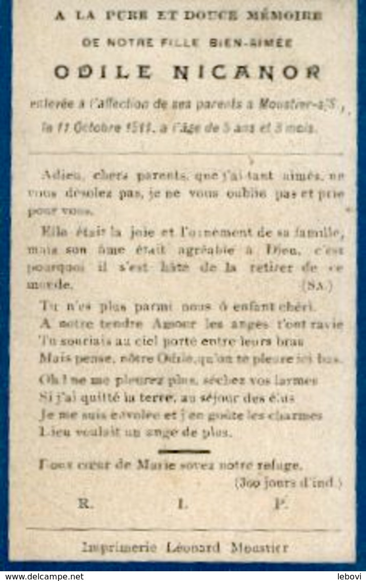 Souvenir Mortuaire NICANOR Odile (1906-1911) Morte à MOUSTIER-SUR-SAMBRE - Images Religieuses