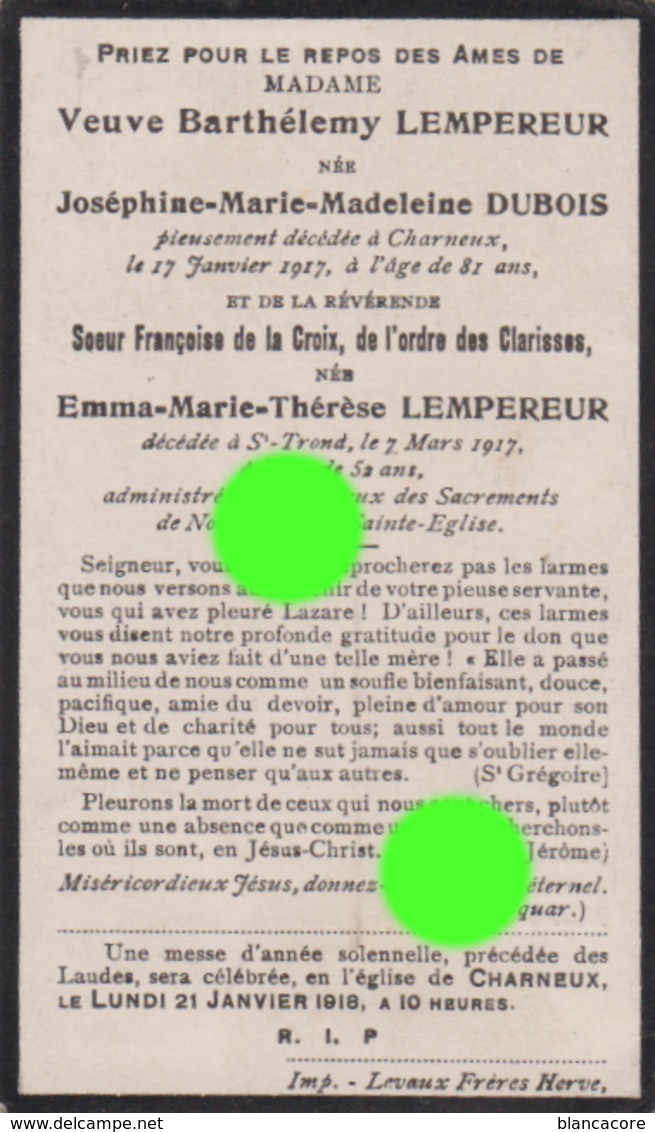 Charneux 1917 Vve Barthélemy Lempereur Née Joséphine Dubois + Soeur Françoise De La Croix Imprimé à Herve - Décès