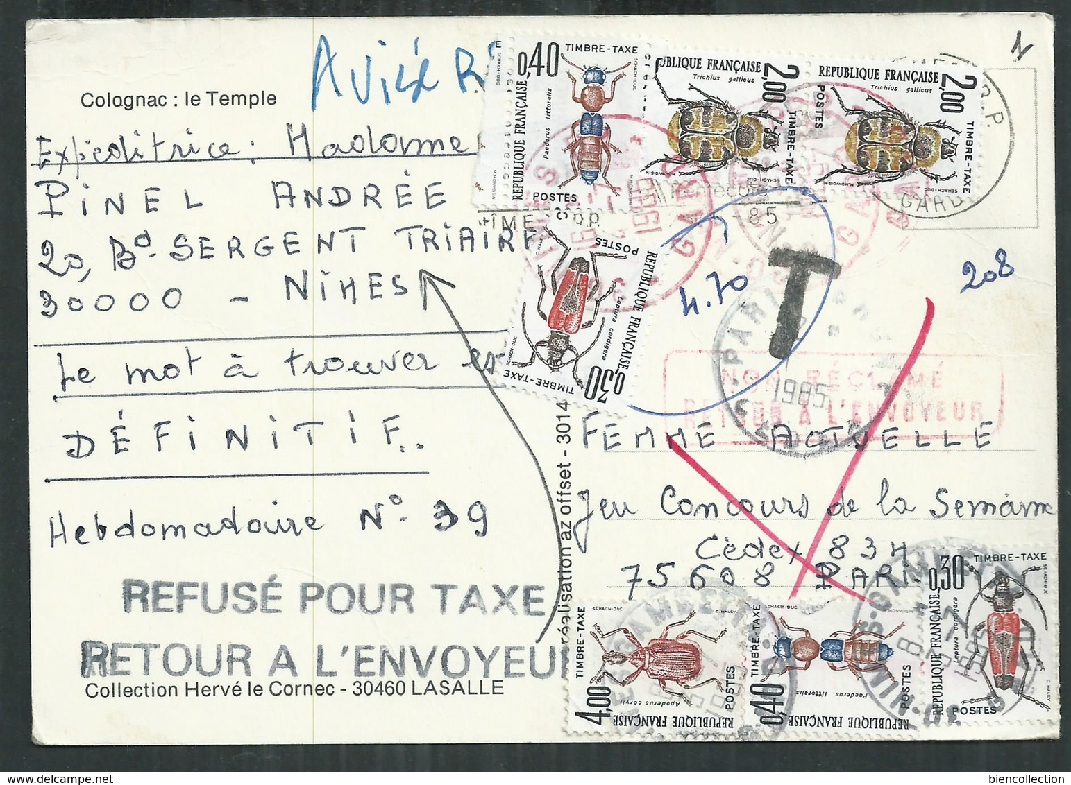 Carte Postale Avec Double Taxe à 4,70 Francs Car Refusé Par Le Destinataire. Oblitération Rouge De Nîmes . Série Insecte - 1960-.... Oblitérés