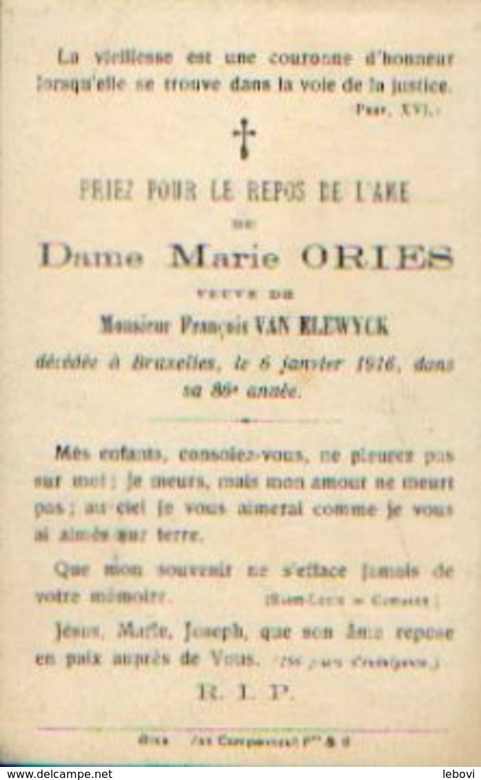Souvenir Mortuaire ORIES Marie (1830-1916)Vve VAN ELEWYCK, F. Morte à BRUXELLES - Images Religieuses