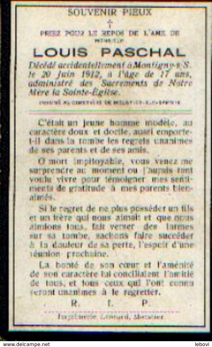 Souvenir Mortuaire PASCHAL Louis (1995-1912)) Mort à MONTIGNY-SUR-SAMBRE Inhumé à MOUSTIER-SUR-SAMBRE - Images Religieuses