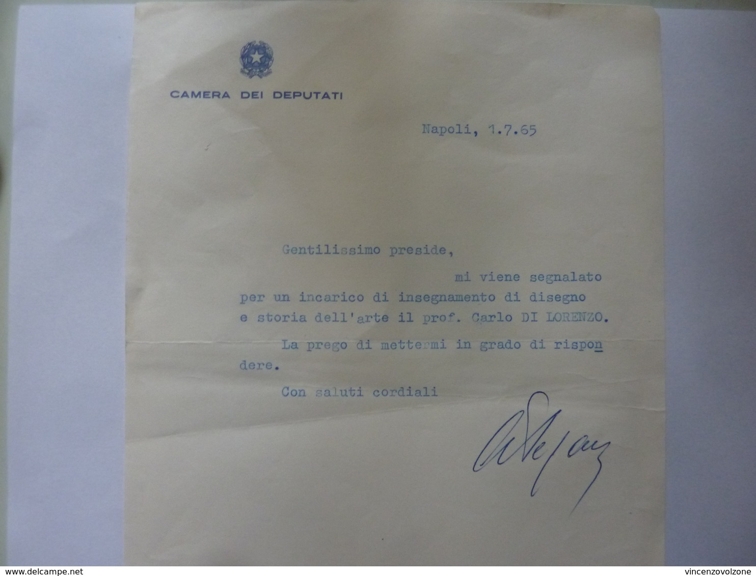 Lettera "CAMERA DEI DEPUTATI Napoli 7 Gennaio 1965" - Documenti Storici