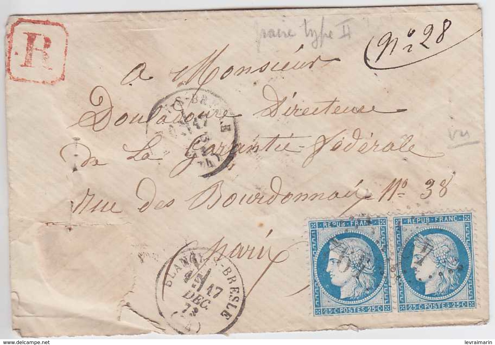 N°60B Paire Enveloppe Recommandée, Blangy S Bresle (74), 17 Décembre 73, Sans Doute 1er Jour De La Planche 5 , TB RRRRRR - 1871-1875 Cérès