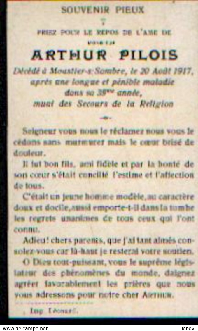 Souvenir Mortuaire PILOIS Arthur (1878-1917) Mort à MOUSTIER-SUR-SAMBRE - Images Religieuses