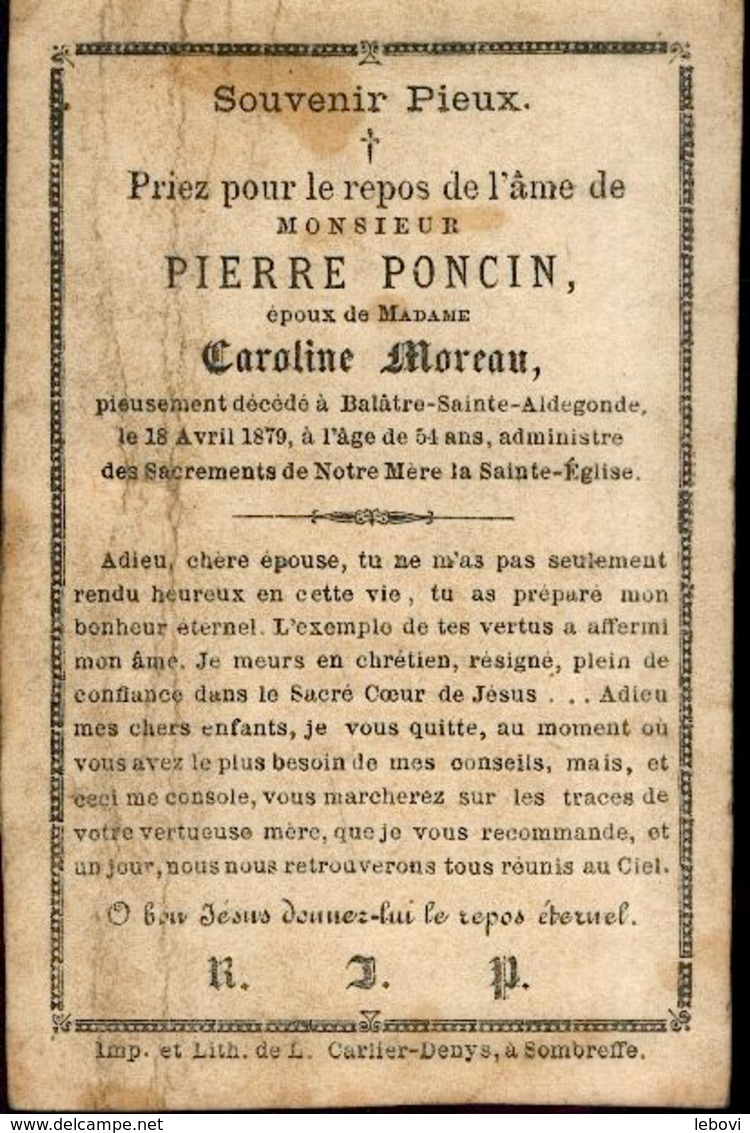 Souvenir Mortuaire PONCIN Pierre (1825-1879) Mort à BALÂTRE-SAINTE-ALDEGONDE - Images Religieuses