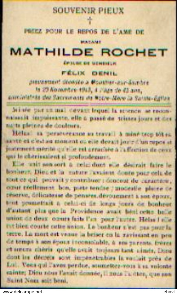 Souvenir Mortuaire ROCHET Mathilde (1871-1913) ép. DENIL, F. Morte à MOUSTIER-SUR-SAMBRE - Images Religieuses