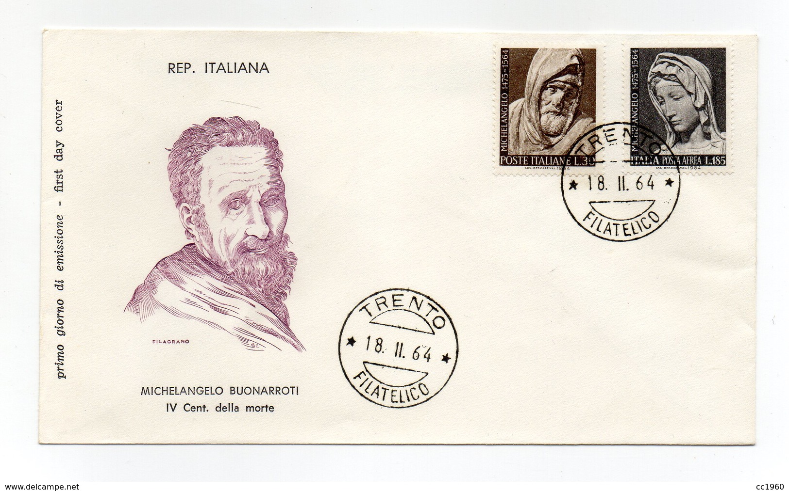 Italia - 1964 - Busta FDC Filagrano - IV° Centenario Morte Di Michelangelo Buonarroti - Con Doppio Annullo - (FDC13834) - FDC