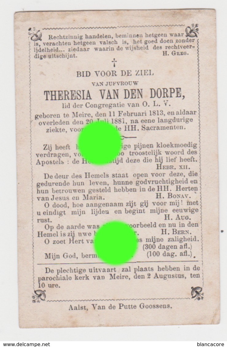 Jufvrouw Thérésia VAN DEN DORPE  MEIRE 1813 - 1881 Congregatie Van O.L.V. - Décès