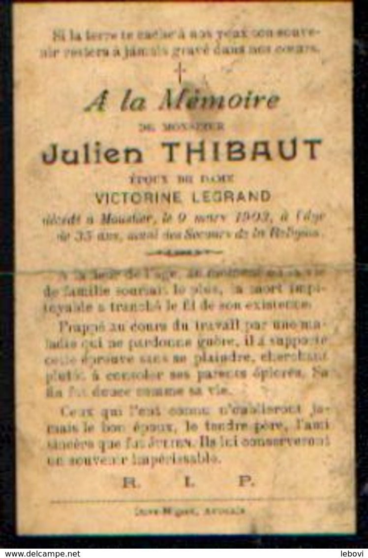 Souvenir Mortuaire THBAUT Julien (1868-1903) Mort à MOUSTIER-SUR-SAMBRE - Images Religieuses