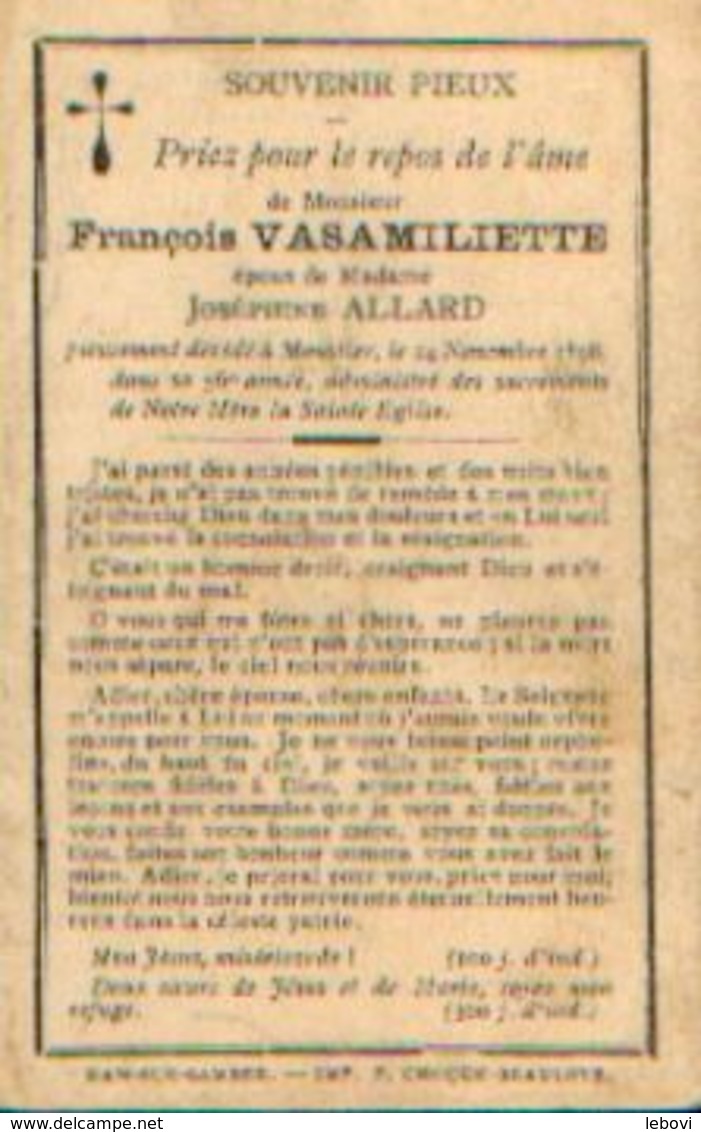 Souvenir Mortuaire VASAMILLIETTE François (1842-1898) Mort à MOUSTIER-SUR-SAMBRE - Andachtsbilder