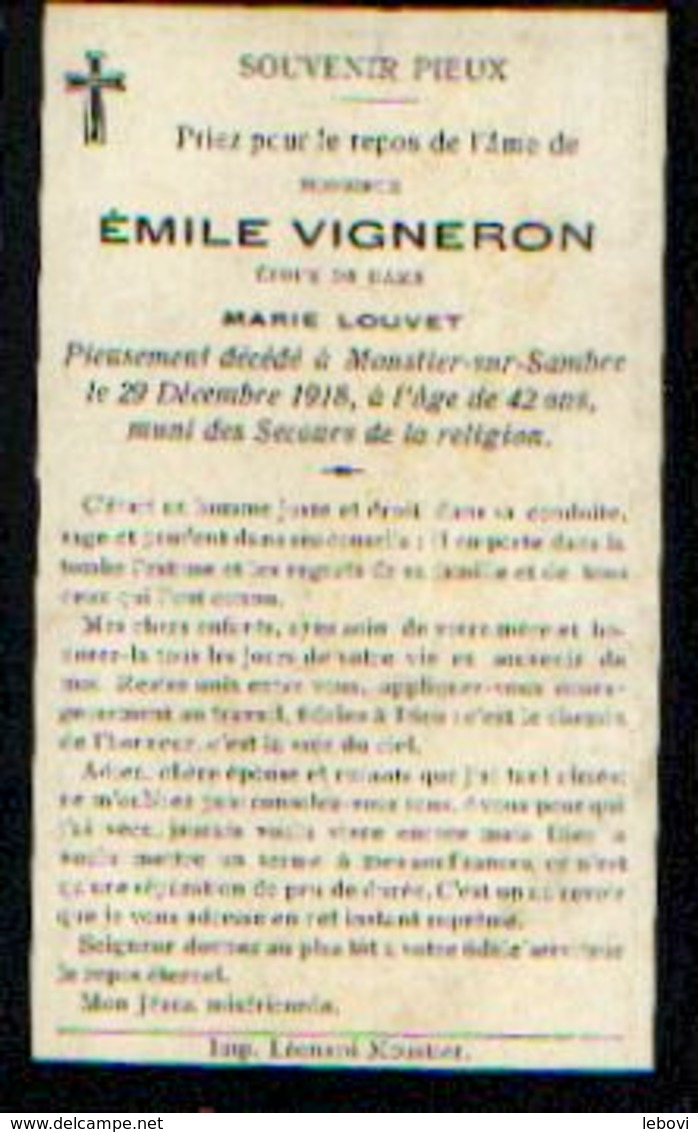 Souvenir Mortuaire VIGNERON Emile (1876-1918) Mort à MOUSTIER -SUR-SAMBRE - Andachtsbilder