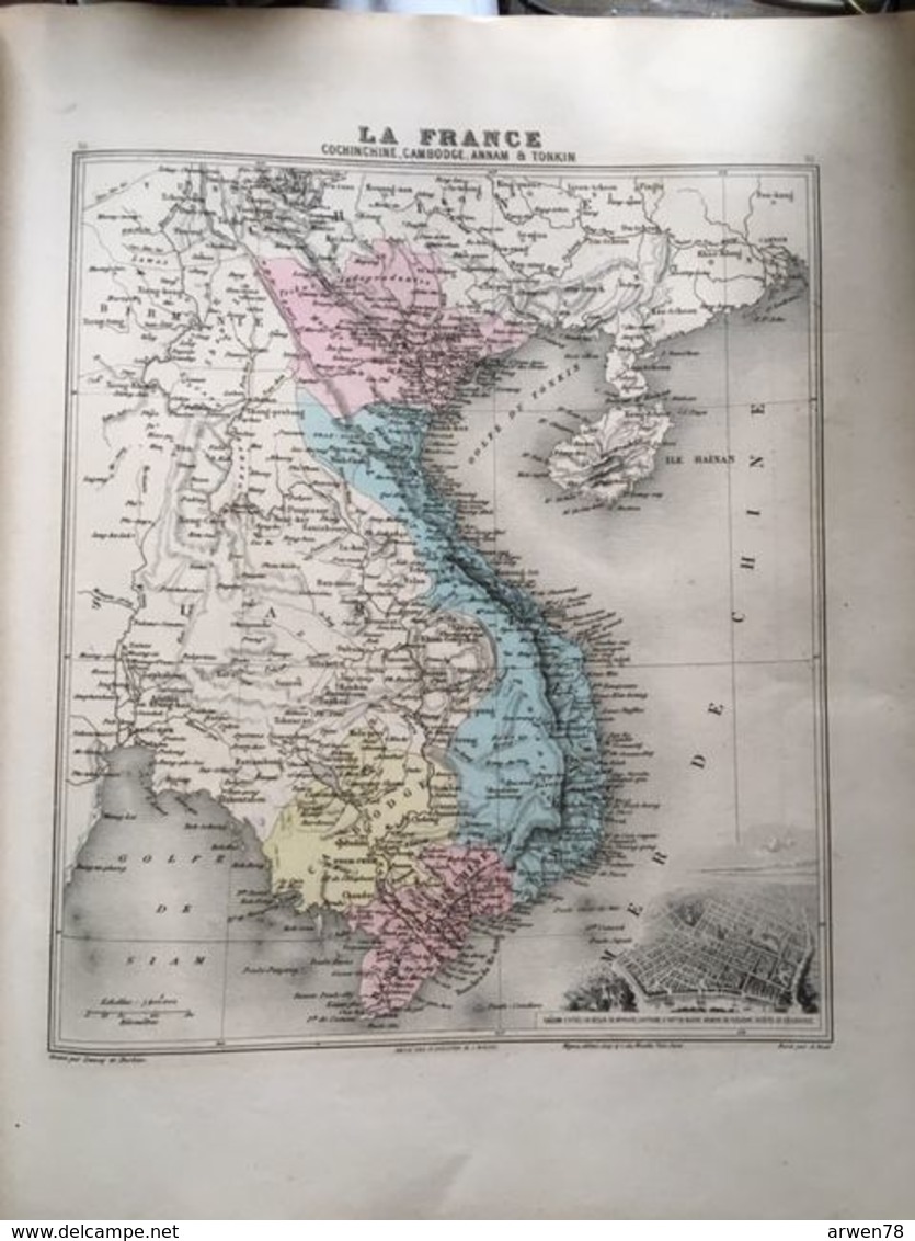 Carte Plan De L'indochine Cochinchine Cambodge Annam Tonkin Issu De L'atlas Migeon De 1886 - Geographische Kaarten
