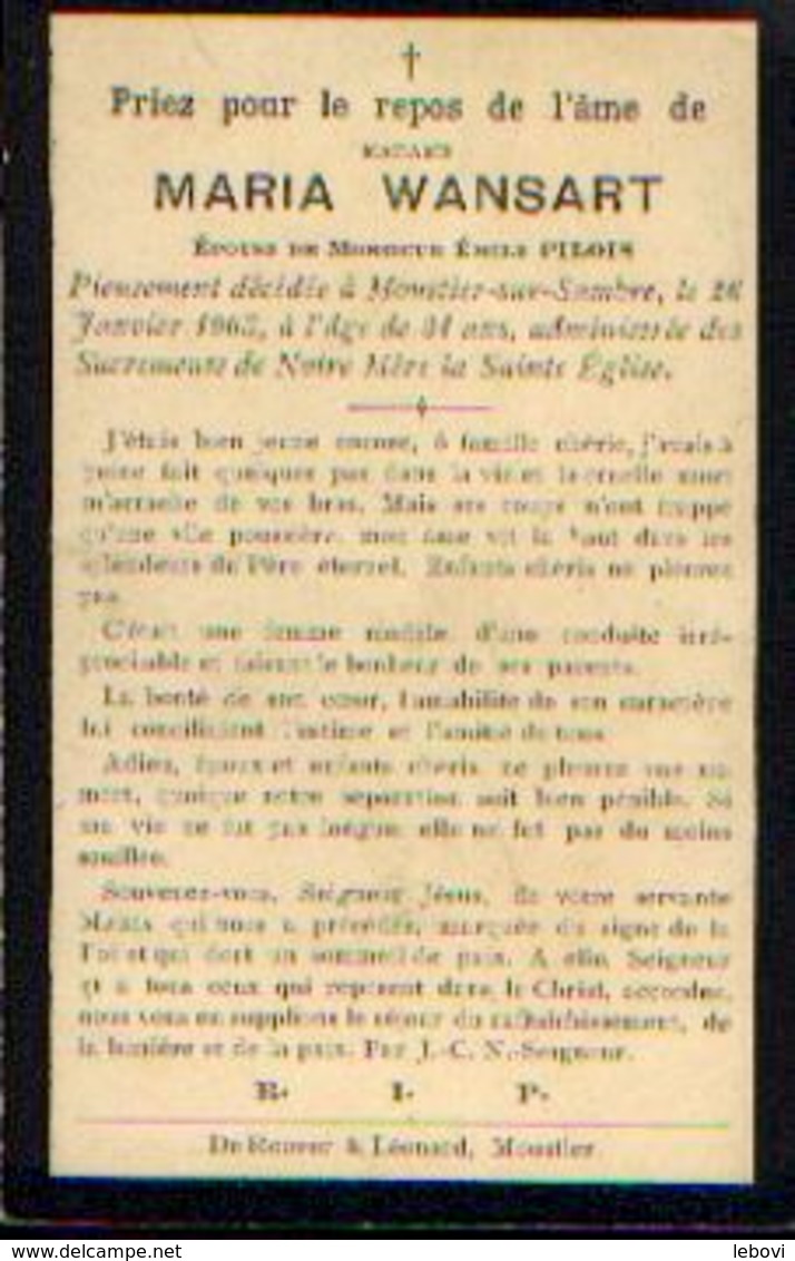 Souvenir Mortuaire WANSART Maria (1874-1905) ép. PILOIS, E. Mort à MOUSTIER -SUR-SAMBRE - Images Religieuses