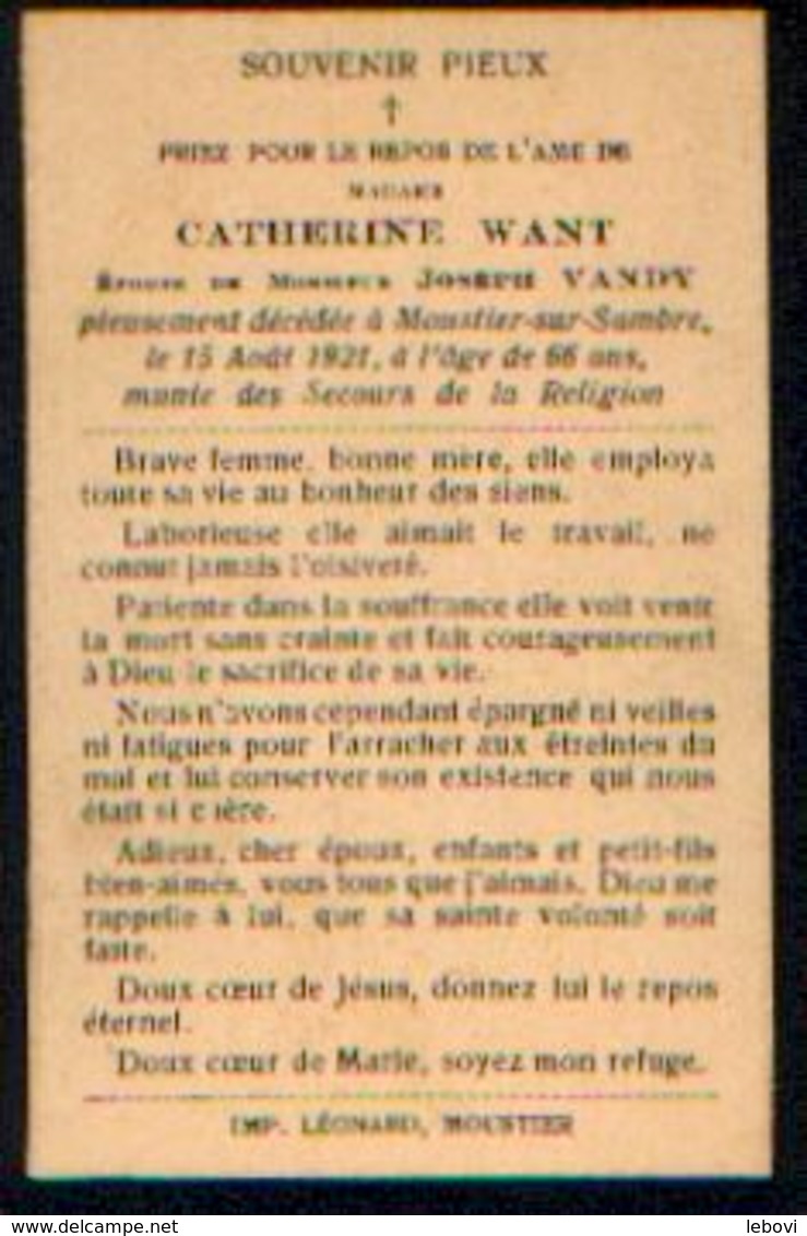 Souvenir Mortuaire WANT Catherine (1857-1921) ép. VANDY, J. Moret à MOUSTIER -SUR-SAMBRE - Images Religieuses