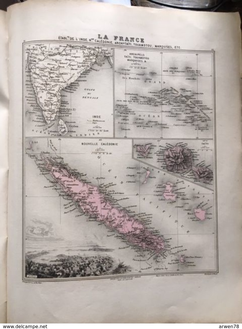Carte Plan Des Etablissements De L'inde Et Nouvelle Caledonie Issu De L'atlas Migeon De 1886 - Cartes Géographiques