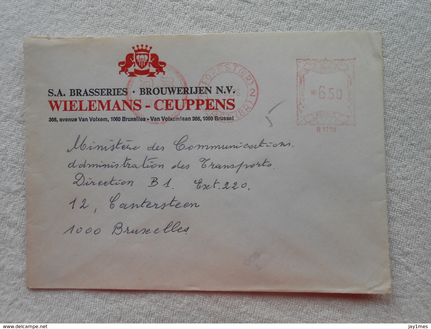 Affranchissement Mécanique  Enveloppe Brasserie Wielemans Ceuppens Brouwerijen 1976 - 1960-1979