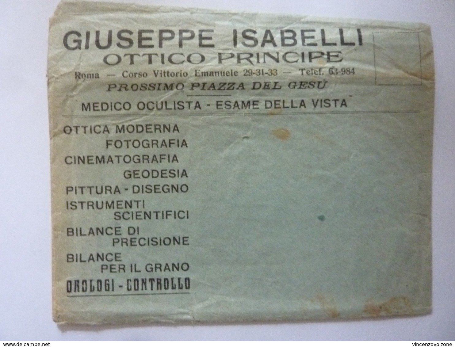 Busta Pubblicitaria "GIUSEPPE ISABELLI OTTICO PRINCIPE Roma" - Pubblicitari