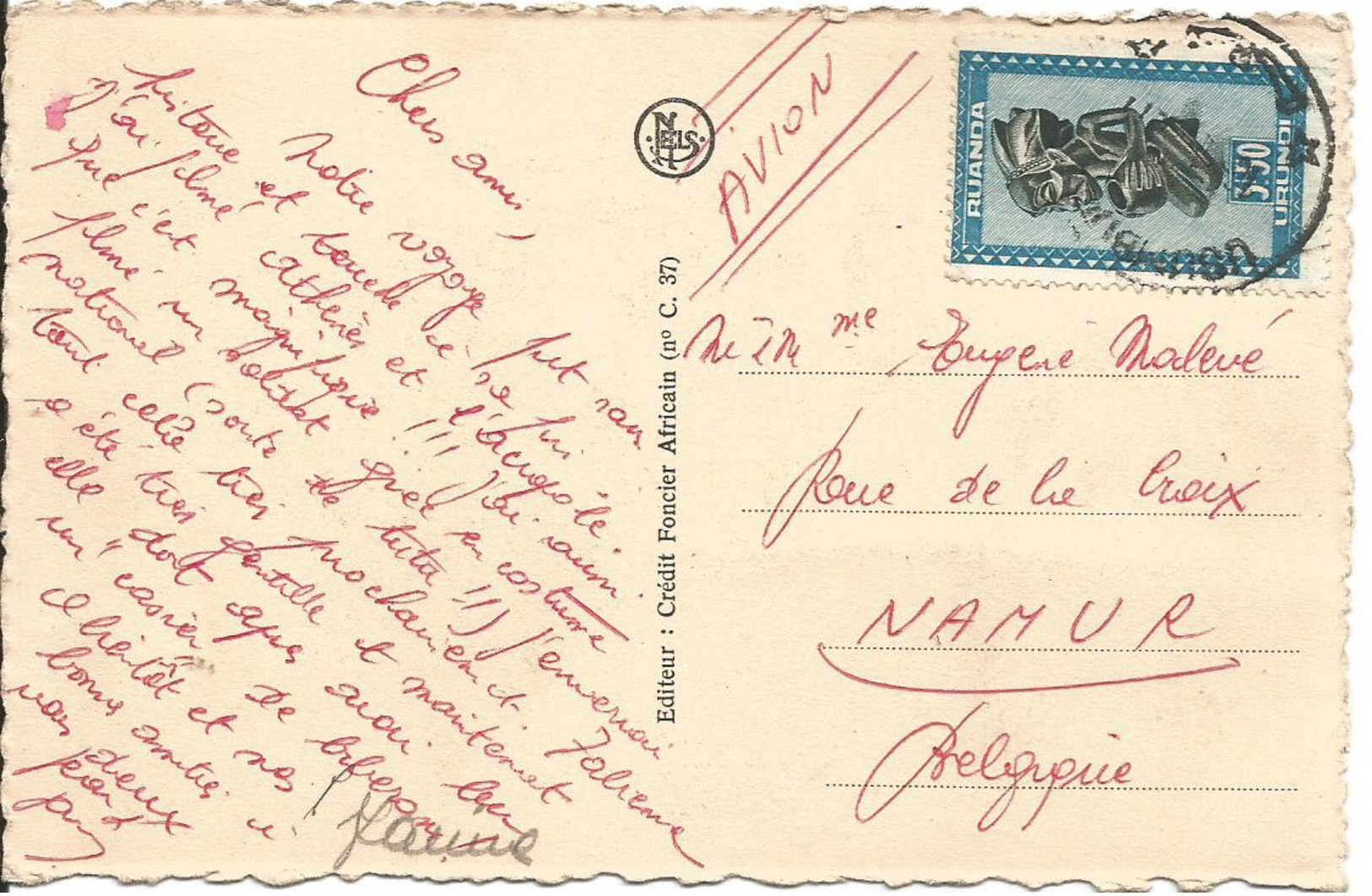 Carte Illustrée Par Avion D'Usumbura à Namur 16/11/52 ? T.P.166 - Lettres & Documents