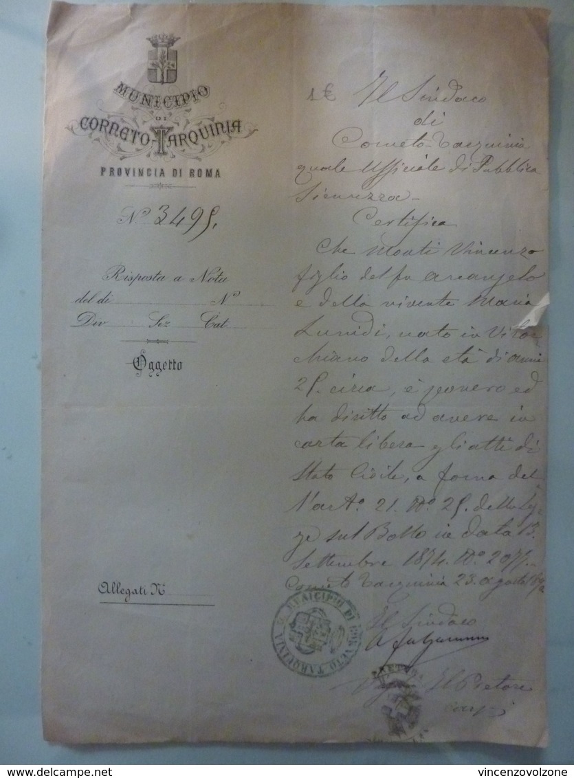 Documento "MUNICIPIO DI CORNETO TARQUINIA Provincia Di Roma" 23 Agosto 1893 - Documenti Storici