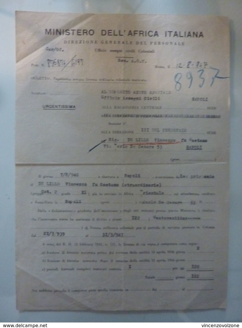 Documento "MINISTERO DELL' AFRICA ITALIANA  Direzione Generaledel Personale" Napoli 1947 - Documenti Storici