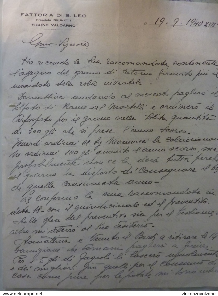 Lettera "FATTORIA DI S. LEO Proprietà BRUNETTI Figline Valdarno" 1940 - Manoscritti