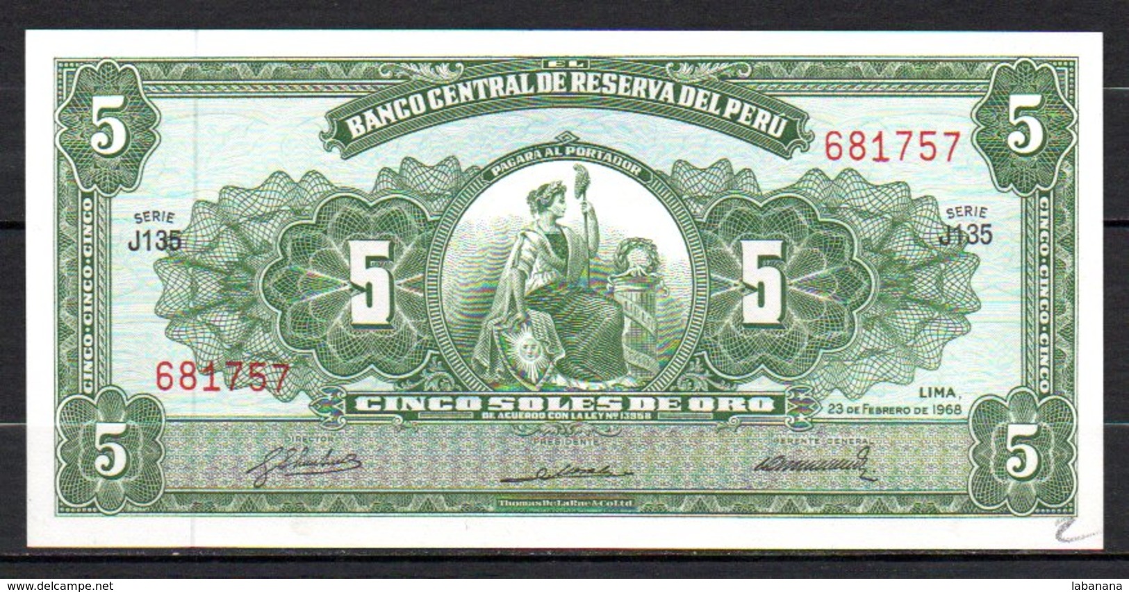 616-Pérou Billet De 5 Soles De Oro 1968 J135 Neuf - Pérou