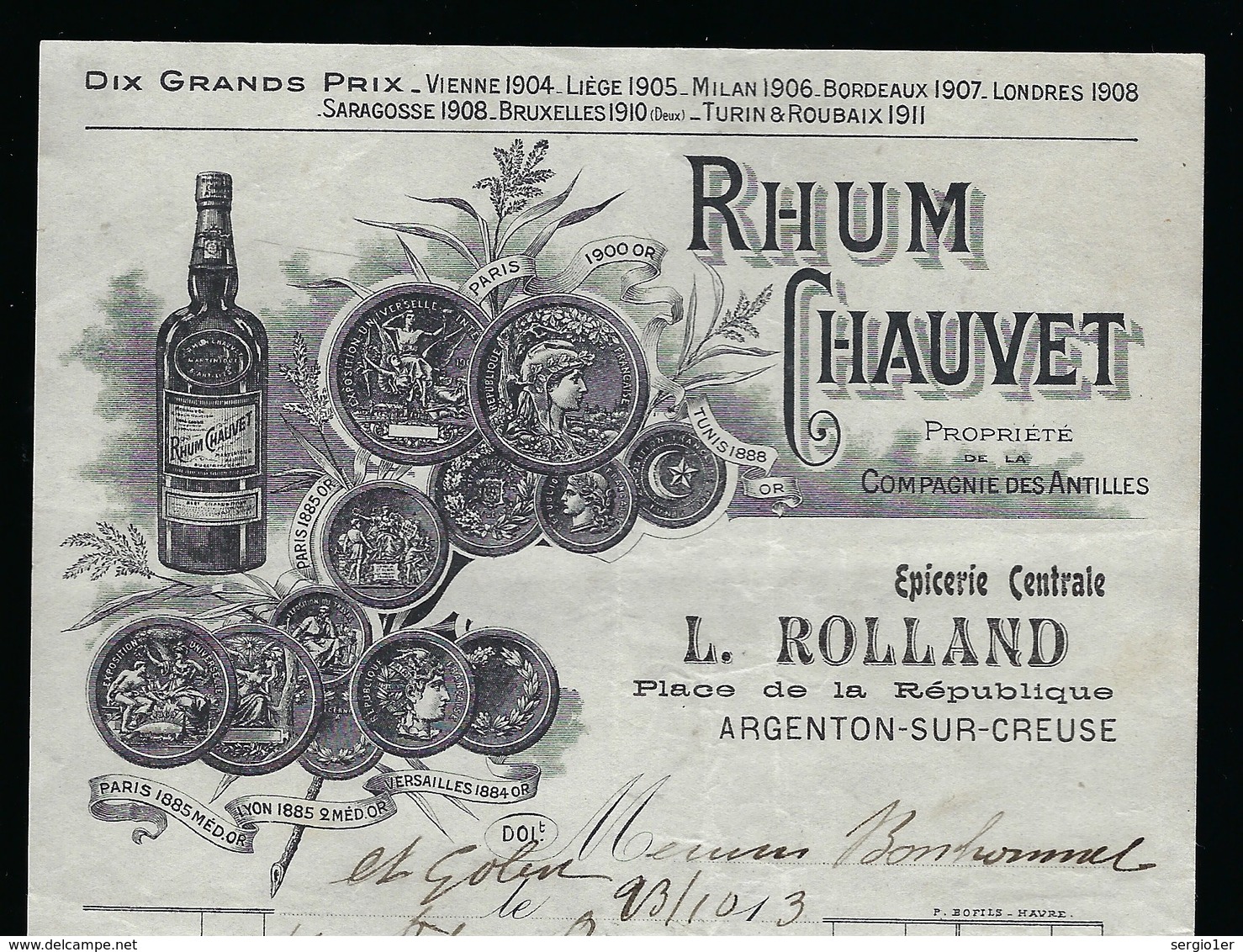 Ancienne Facture Rhum Chauvet La Compagnie Des Antilles épicerie Centrale L Rolland Argenton Sur Creuse "1913" - Rhum