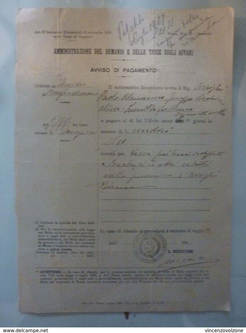 Documento Viaggiato "AMMINISTRAZIONE DEL DEMANIO - AVVISO DI PAGAMENTO" 1907 - Documenti Storici