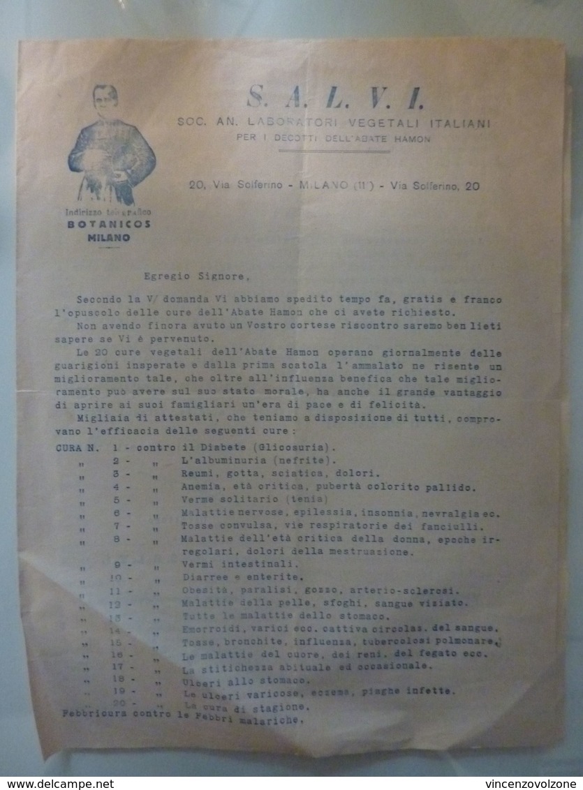 Stampato Pubblicitario "S.A.L.V.I. Soc. An. Laboratori Vegetali Italiani" Anni '30 - Pubblicitari