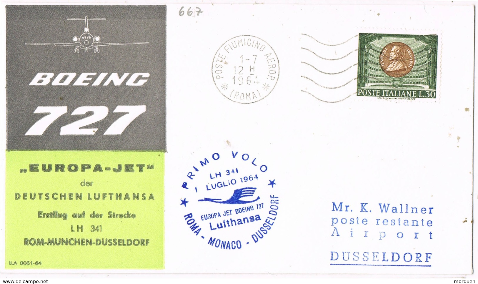31227.Carta First Flight Boeing 727, ROMA, Fiumicino (Italia) 1964. Aereo Lufthansa To Dusseldorf - Posta Aerea